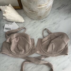 Monday Swimwear Textured Taupe Clovelly Bikini top in oat crinkle.